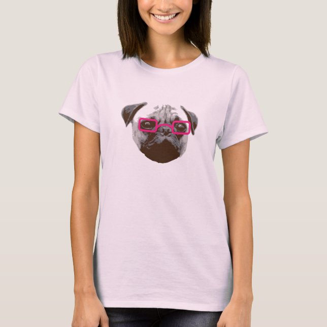 T-shirts Cute Pug Hipster com Óculos Rosa (Frente)