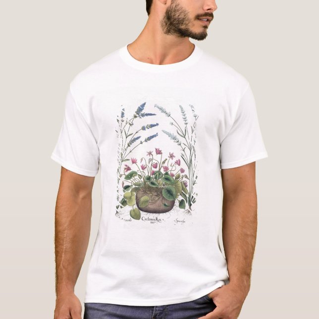 T-shirts Cyclamen e lavanda: 1.Cyclamen Romanum; 2.Spica (Frente)