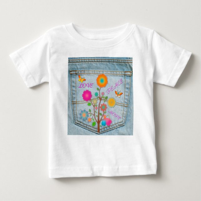 T-shirts Denim Back Pocket Flores Paz Esperança (Frente)