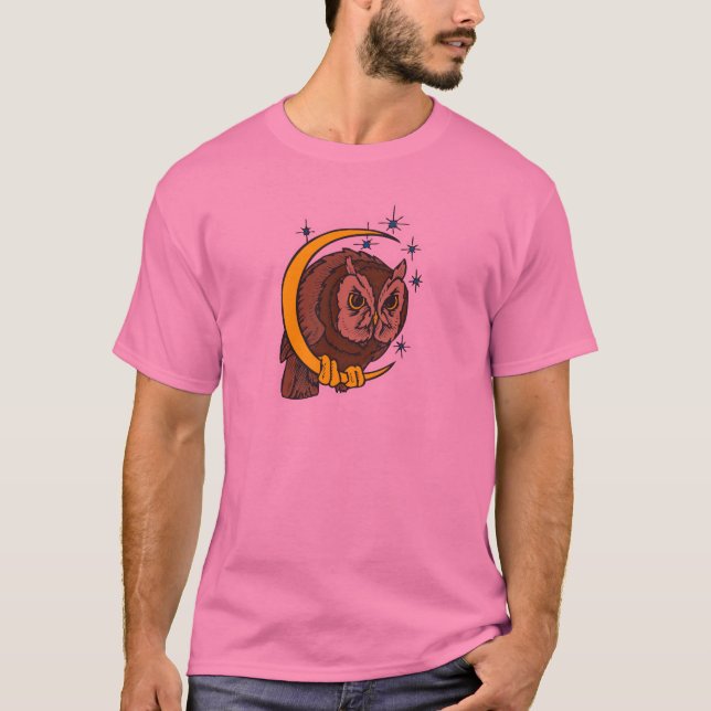 T-shirts Desenho de Tatuagem de Coruja e Lua (Frente)