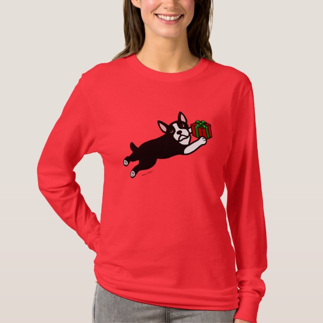 T-shirts Desenhos animados do Natal 2 de Boston Terrier (Frente)
