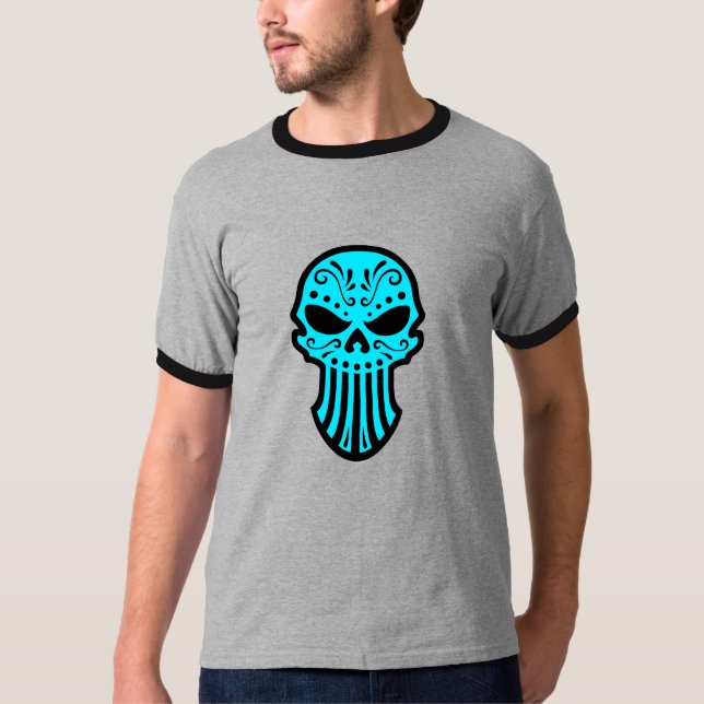T-shirts Design do crânio do açúcar (azul) (Frente)