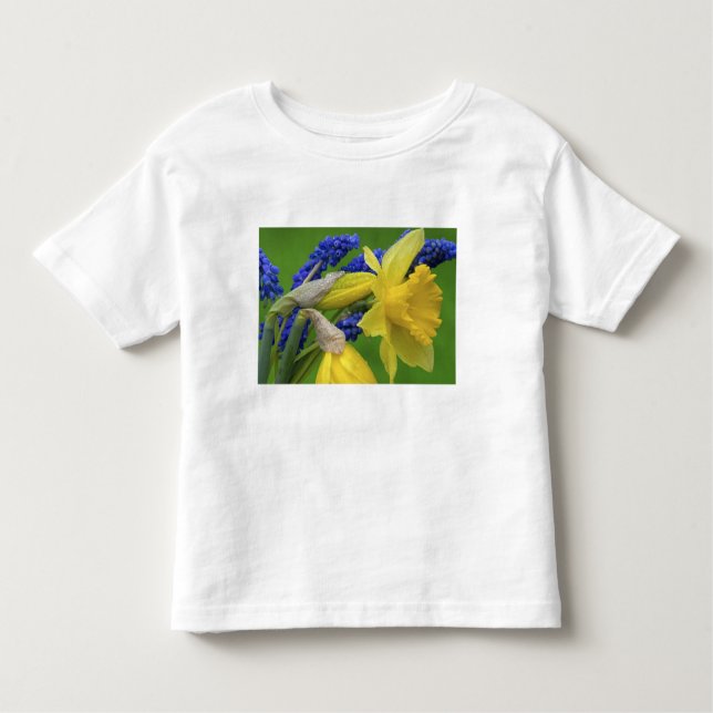 T-shirts Detalhe das flores de daffodil e hyacinth. Crédito (Frente)
