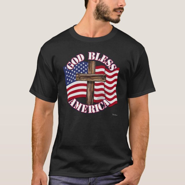 T-shirts Deus abençoe American com EUA Flag & Cross (Frente)