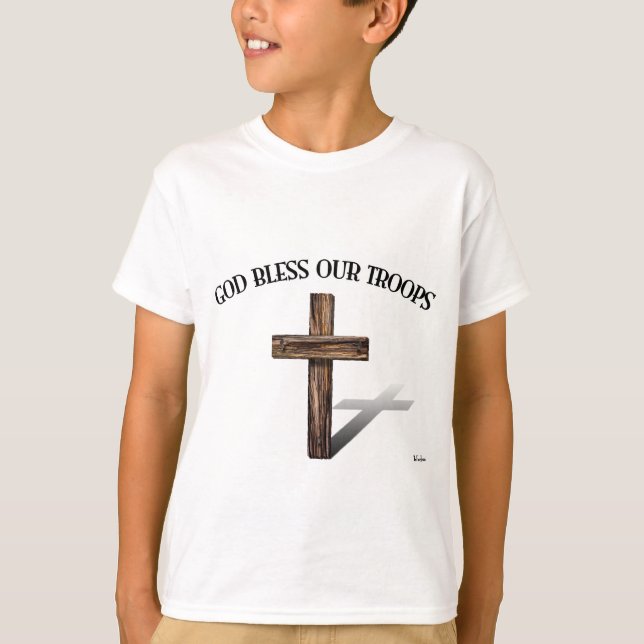 T-shirts Deus Abençoe Nossas Tropas com cruz robusta (Frente)
