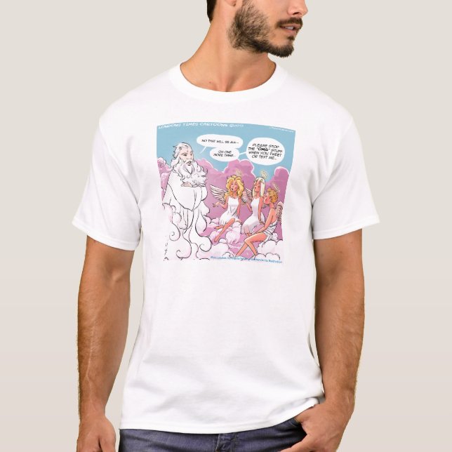 T-shirts Deus do Céu (OMG) Anjos Texto Engraçado (Frente)