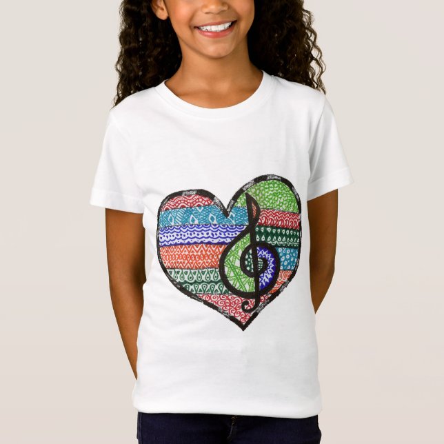 T-shirts Doodle customizável do Clef de triplo do coração (Frente)