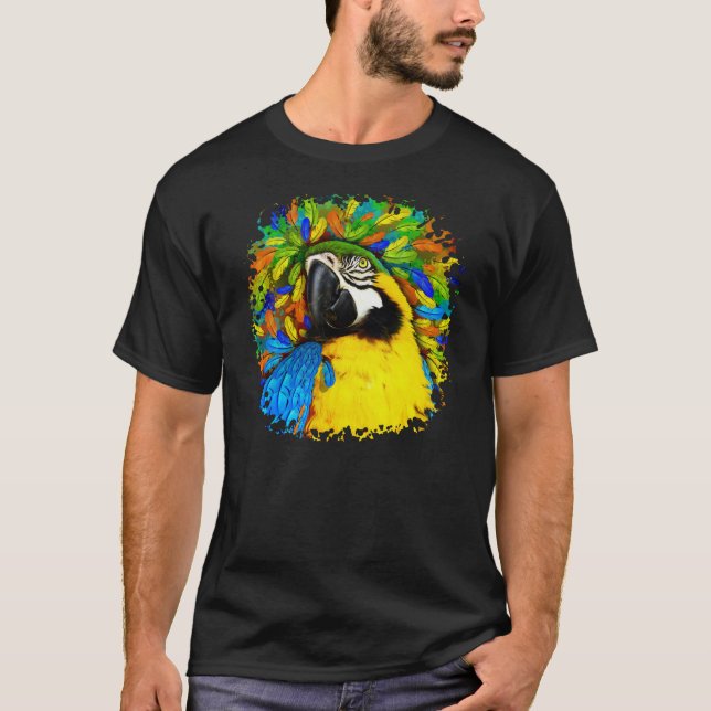 T-shirts Dourado e azul Macaw Papagaio Fantasy Dardo T_shir (Frente)