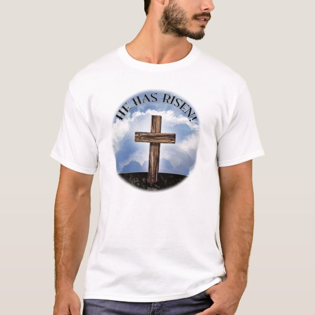 T-shirts Ele Ressuscitou Céu da Cruz Áspera (Frente)