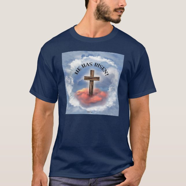 T-shirts Ele Ressuscitou Cruz Áspera Com Nuvens (Frente)