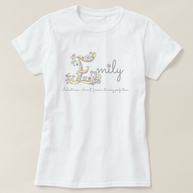 T-shirts Emily Girl chama significa E monograma corações (Frente do Design)