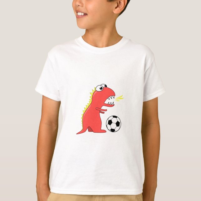 T-shirts Engraçado Cartoon Dinossauro Soccer Crianças Longa (Frente)