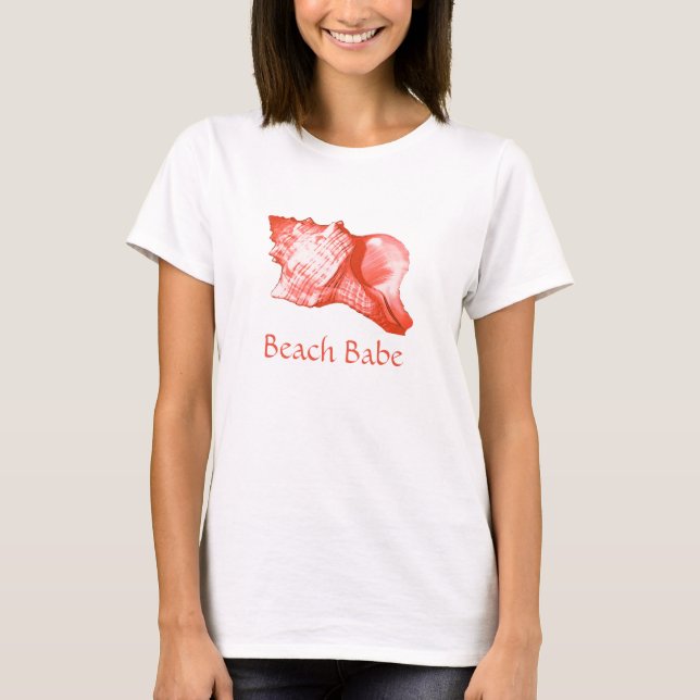 T-shirts Esboço da concha - coral, rosa-casca e branco (Frente)