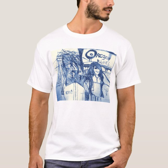 T-SHIRTS ESBOÇO DE BLUES DO OREGON COM MEDO (Frente)