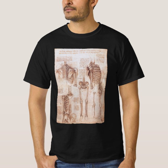 T-shirts Esqueleto de Ossos da Anatomia Humana de Leonardo  (Frente)