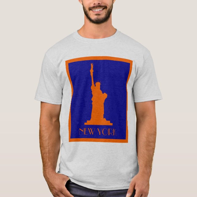 T-shirts Estátua da Liberdade e Nova York em Laranja e Azul (Frente)