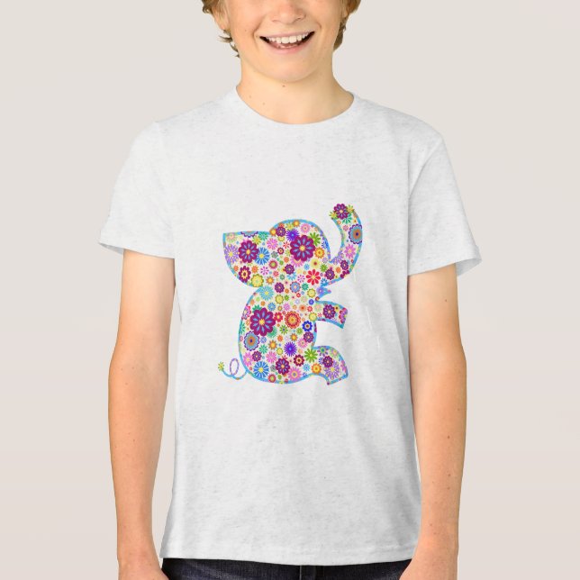 T-shirts Estilo de Cartoon das Flores Retro Bonitas Elefant (Frente)
