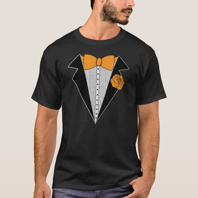 T-shirts Estilo Tuxedo Preto com Laranja Bowtie & Rosa (Frente)
