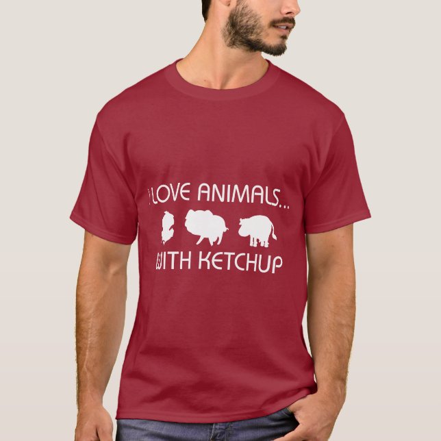 T-shirts Eu amo animais com ketchup (Frente)