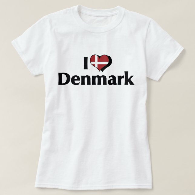T-shirts Eu Amo Bandeira da Dinamarca (Frente do Design)