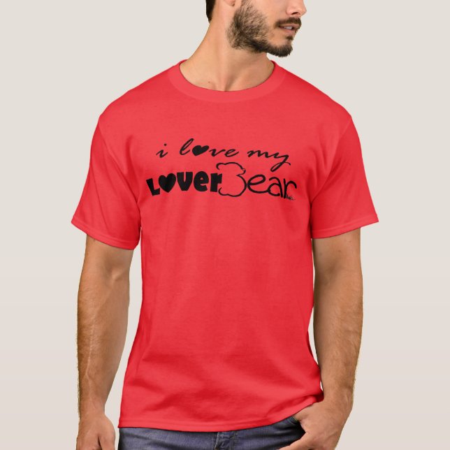 T-shirts eu amo meu LoverBear--preto no vermelho (Frente)