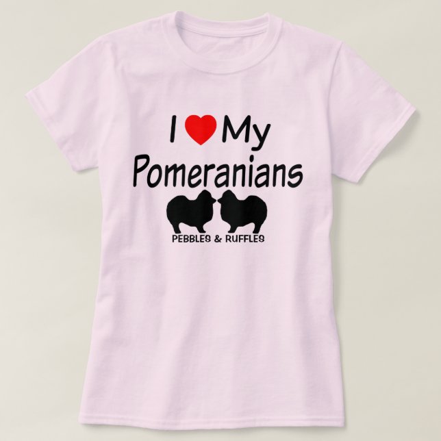 T-shirts Eu Amo Meus Dois Cães Pomeranianos (Frente do Design)