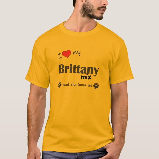 T-shirts Eu amo minha mistura de Brittany (o cão fêmea) (Frente)