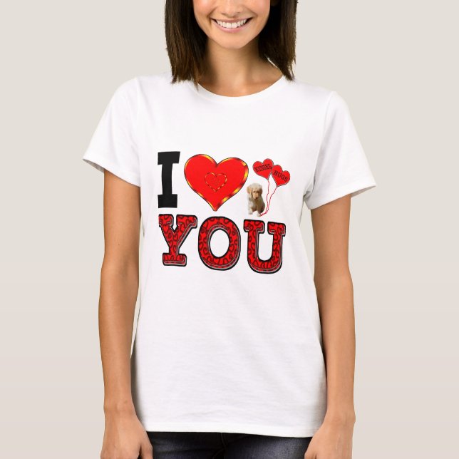 T-shirts Eu Te Amo Com Cachorros E Abraços E Balões De Beij (Frente)