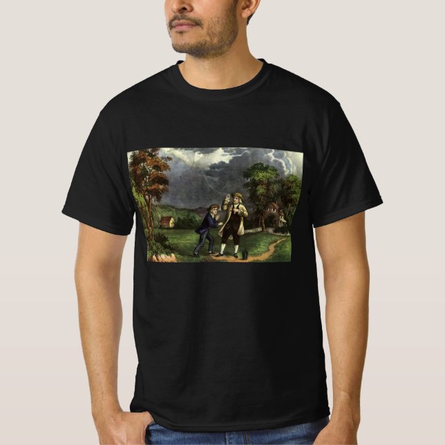 T-shirts Experiência de Benjamin Franklin com Pipa e Relâmp (Frente)