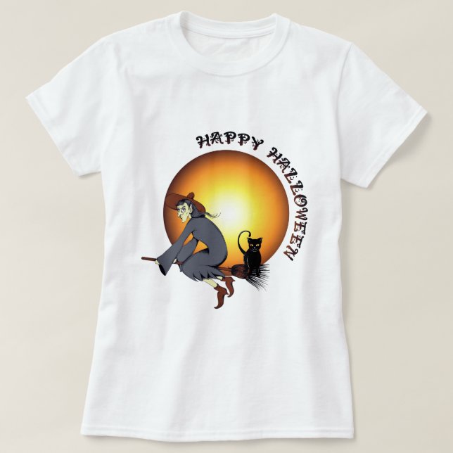 T-shirts Feliz Halloween Black Cat and Witch (Frente do Design)