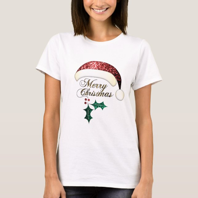 T-shirts Feliz Natal Santa Chapéu Vermelho Dourado Verde (Frente)
