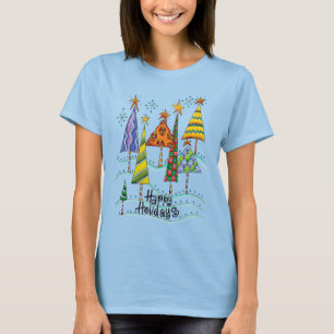 T-shirts Felizes Festas! Árvores de Natal Fofo com Estrelas