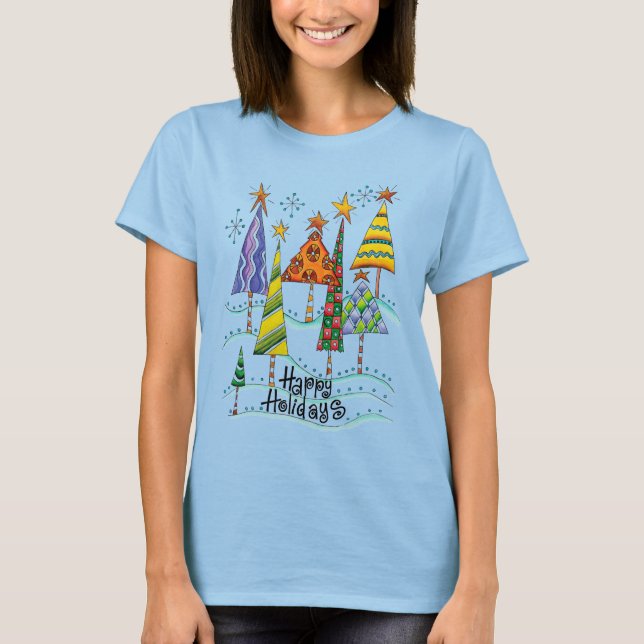 T-shirts Felizes Festas! Árvores de Natal Fofo com Estrelas (Frente)