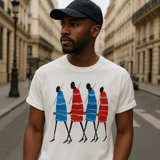 T-shirts Felizes Pessoas Maasai Guerreiros Andando Impressã (Bold Maasai artistry meets Parisian street style in this striking cultural fashion moment)
