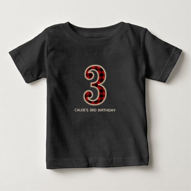 T-shirts Festa de 3 Anos Plaid Rustic Red Black Buffalo (Frente)