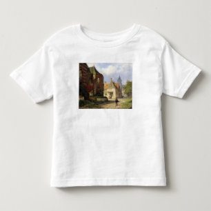 T-shirts Figure antes de uma igreja Redbrick em uma cidade