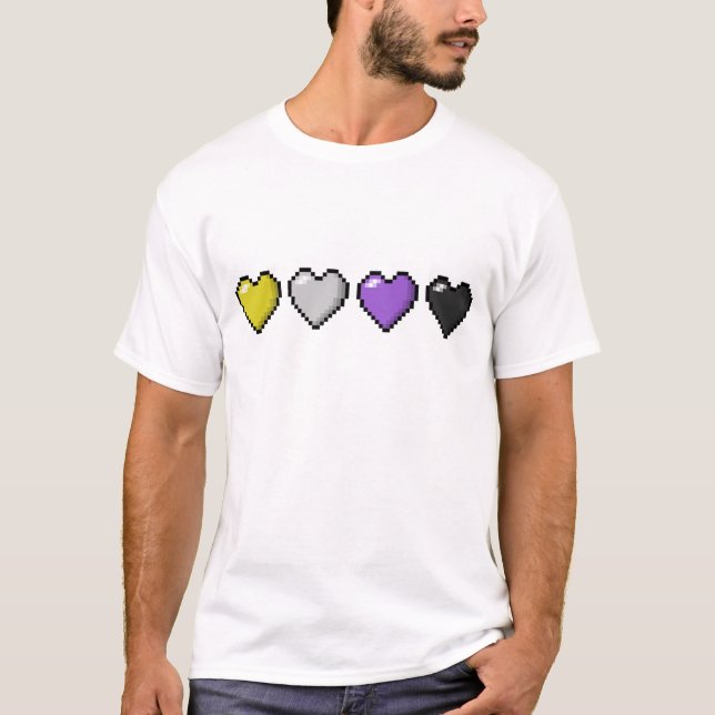 T-shirts Fila de Quatro Corações de Pixel de Sinalizador de (Frente)
