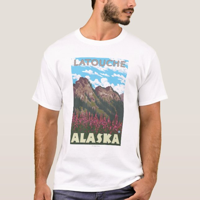 T-shirts Fireweed & montanhas - Latouche, Alaska (Frente)