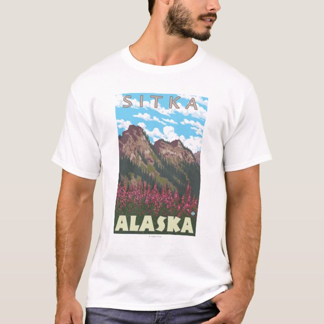 T-shirts Fireweed & montanhas - Sitka, Alaska (Frente)
