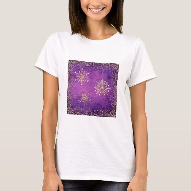 T-shirts Flocos de neve de Natal Roxo e Dourado (Frente)
