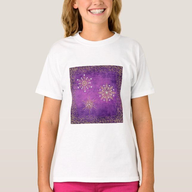 T-shirts Flocos de neve de Natal Roxo e Dourado (Frente)