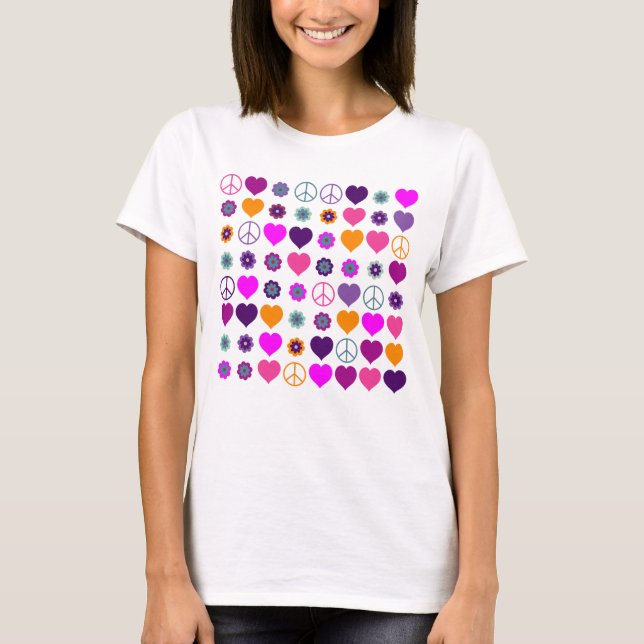 T-shirts Flor Power Heart Peace Pattern + seu backgr. (Frente)