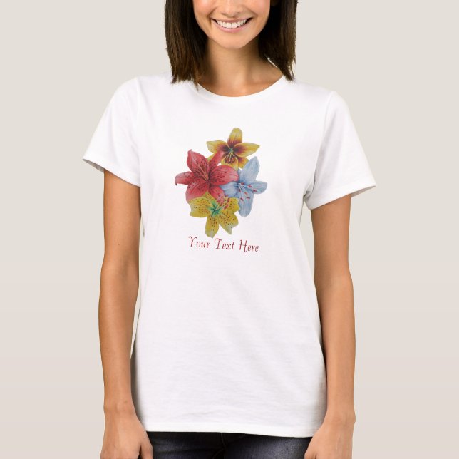 T-shirts Flores bonito vermelhas e amarelas Lily florais (Frente)