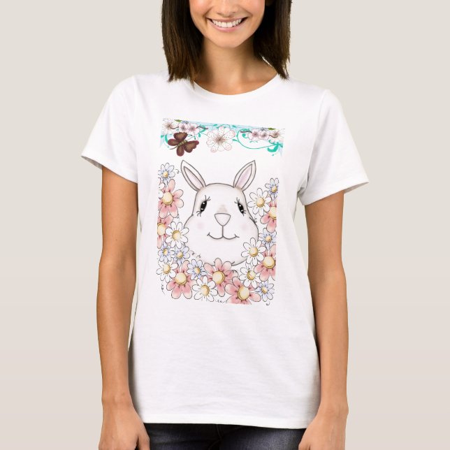 T-shirts Flores e Borboletas de Coelho Bonito (Frente)