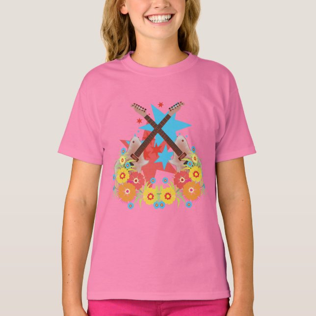 T-shirts Flores e guitarras rosadas (Frente)