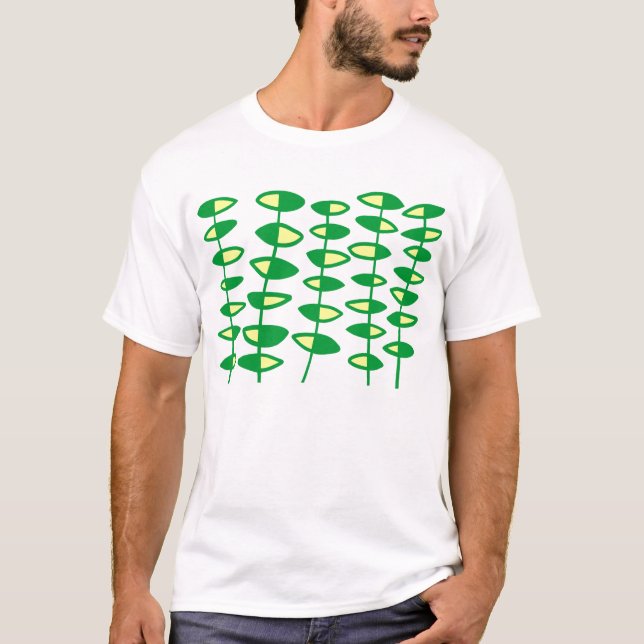 T-shirts Folhas Alternadas Abstrato - Verde e Creme (Frente)