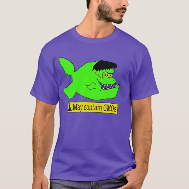 T-shirts Frankenfish-Aviso! Pode conter GMOs (Frente)