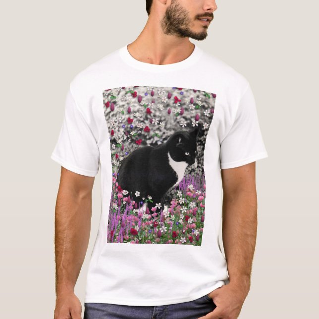 T-shirts Freckles nas flores II - gatinho branco preto do (Frente)