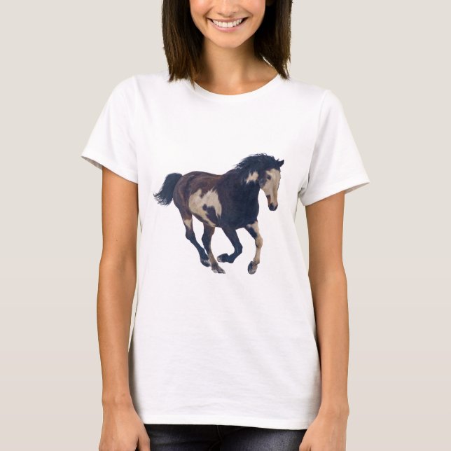 T-shirts Galopagem Selvagem Pinto Cavalo de Tintas American (Frente)