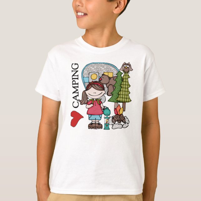 T-shirts Garota do Cabelo Marrom que adoro acampar (Frente)